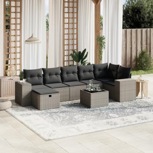 Qnhdfrt Garten Sofagarnitur 8 teilig Hellgrau PE Rattan Lounge Set mit Glas Tisch und Kissen für Terrasse Balkon Garten von Qnhdfrt