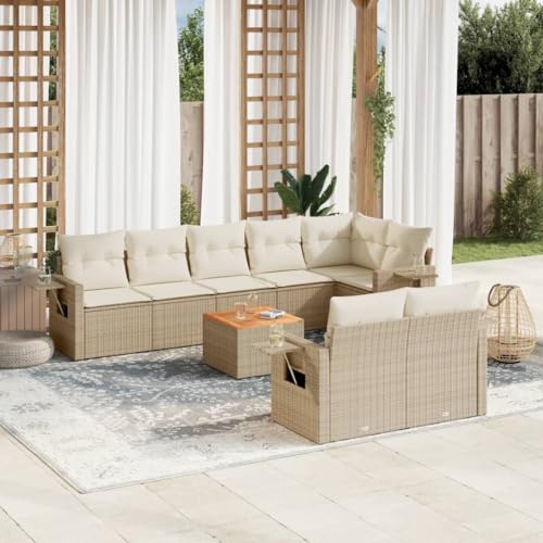 Qnhdfrt Garten Sofagarnitur 9 teilig Beige PE Rattan Lounge Set mit Kissen Stauraum und Klapptisch für Terrasse Garten Balkon von Qnhdfrt