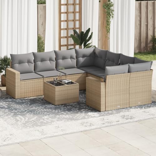 Qnhdfrt Garten Sofagarnitur 9 teilig Beige PE Rattan Lounge Set mit Kissen und Glas Tisch für Terrasse Garten Balkon von Qnhdfrt