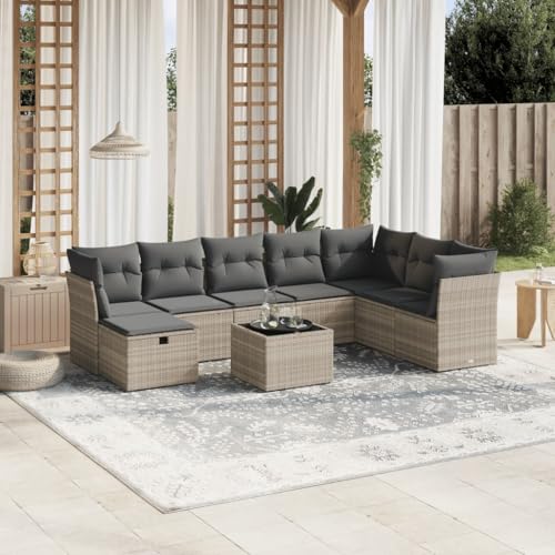 Qnhdfrt Garten Sofagarnitur 9 teilig Hellgrau PE Rattan mit Glas Tisch und Kissen Modulares Design für Terrasse Garten und Balkon von Qnhdfrt