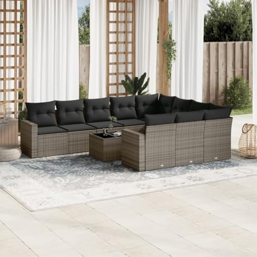 Qnhdfrt Garten Sofagarnitur Grau 11 teilig PE Rattan mit Glas Tisch und Kissen Modulares Design für Terrasse Balkon Garten von Qnhdfrt