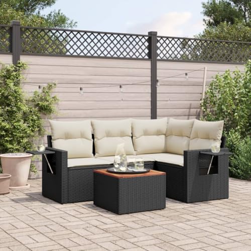 Qnhdfrt Garten Sofagarnitur Schwarz 5 teilig PE Rattan Lounge Set mit Kissen und Stauraum für Terrasse Balkon Garten von Qnhdfrt