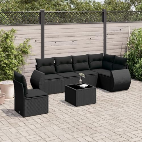 Qnhdfrt Garten Sofagarnitur Schwarz 7 teilig PE Rattan mit Glas Tischplatte und Kissen Modulares Design für Terrasse Garten und Balkon von Qnhdfrt