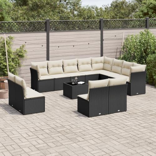 Qnhdfrt Garten Sofagarnitur Schwarz PE Rattan 13 teilig mit Kissen und Glas Tischplatte Modulares Design für Terrasse Garten und Balkon von Qnhdfrt