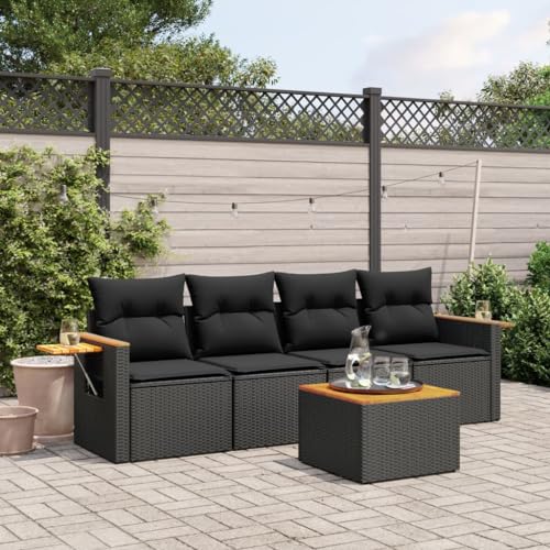 Qnhdfrt Garten Sofagarnitur Schwarz PE Rattan 5 teilig mit Kissen Modulares Design Stauraum und Klapptisch für Terrasse Balkon Garten von Qnhdfrt