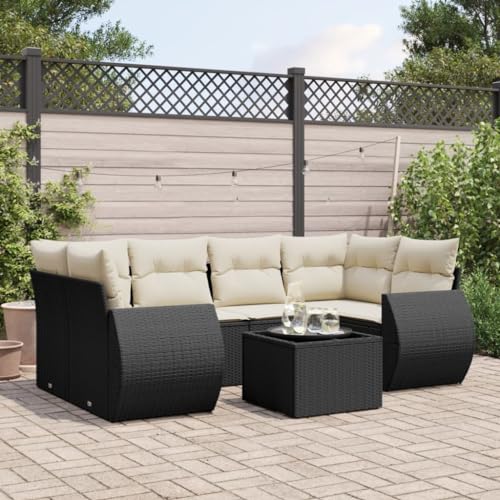 Qnhdfrt Garten Sofagarnitur Schwarz PE Rattan 7 teilig mit Kissen und Glas Tischplatte Modulares Design für Terrasse Garten und Balkon von Qnhdfrt