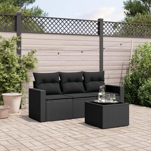 Qnhdfrt Garten-Sofagarnitur Schwarz PE-Rattan mit Kissen und Glas-Tisch, Modulares Design für Terrasse, Balkon und Garten von Qnhdfrt