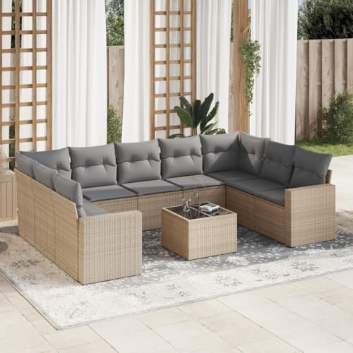 Qnhdfrt Garten Sofagarnitur Set 10 teilig Beige PE Rattan mit Glas Tisch und Kissen für Terrasse Balkon Garten von Qnhdfrt