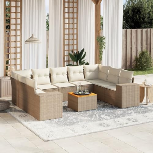 Qnhdfrt Garten Sofagarnitur Set 10 teilig Beige PE Rattan mit Kissen und Akazienholz Tisch für Terrasse Garten und Balkon von Qnhdfrt
