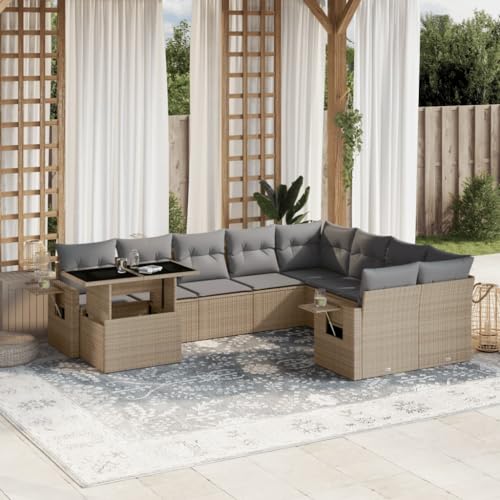 Qnhdfrt Garten Sofagarnitur Set 10 teilig Beige PE Rattan mit Kissen und Klapptisch für Terrasse Balkon Garten von Qnhdfrt