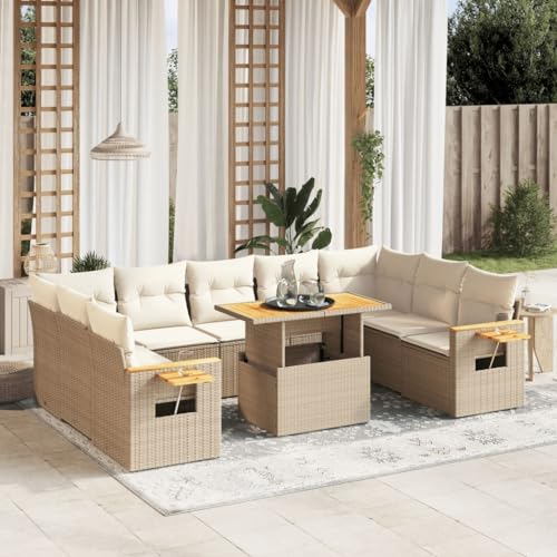 Qnhdfrt Garten Sofagarnitur Set 10 teilig Poly Rattan Beige mit Kissen und Klapptisch für Terrasse Balkon Garten von Qnhdfrt