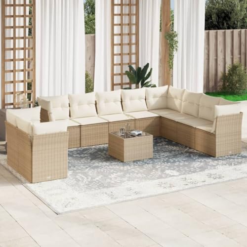 Qnhdfrt Garten Sofagarnitur Set 11 teilig Beige PE Rattan Lounge Set mit Kissen für Terrasse Garten Balkon von Qnhdfrt