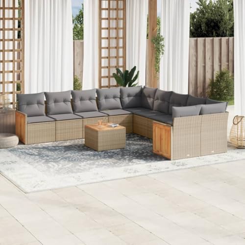 Qnhdfrt Garten Sofagarnitur Set 11 teilig Beige PE Rattan mit Akazienholz Tisch und Kissen Stauraum für Terrasse Garten Balkon von Qnhdfrt