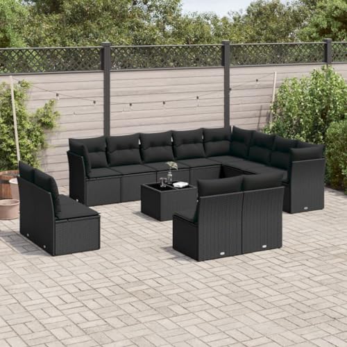 Qnhdfrt Garten Sofagarnitur Set 13 teilig Schwarz PE Rattan mit Glas Tisch und Kissen Modulares Design für Terrasse Garten und Balkon von Qnhdfrt
