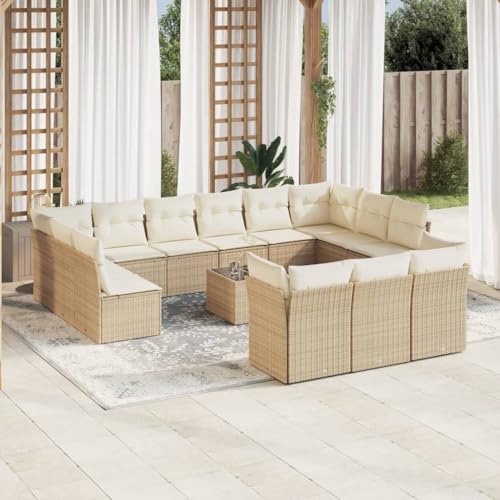 Qnhdfrt Garten Sofagarnitur Set 14 teilig Beige PE Rattan mit Kissen und Wetterfest für Terrasse Garten und Balkon von Qnhdfrt