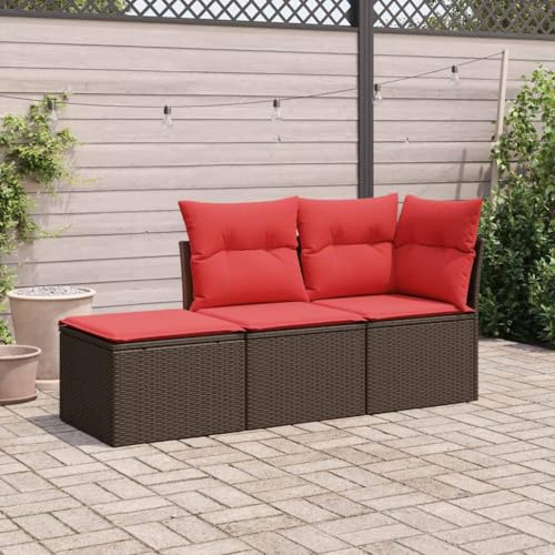 Qnhdfrt Garten Sofagarnitur Set 3 Teile Braun PE Rattan mit Roten Kissen Modulares Design UV Beständig für Terrasse Balkon Garten von Qnhdfrt