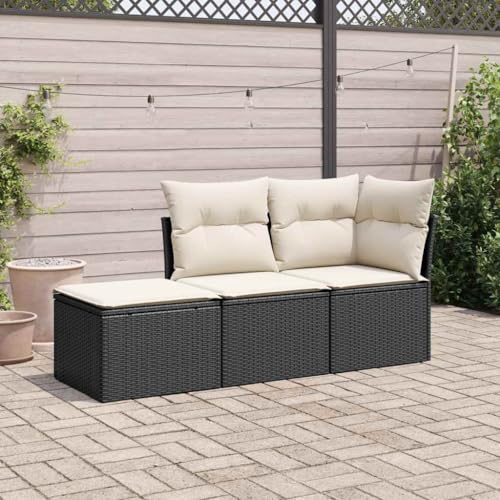 Qnhdfrt Garten Sofagarnitur Set 3 Teile Schwarz PE Rattan mit Cremeweißen Kissen Modulares Design für Terrasse Balkon und Garten von Qnhdfrt