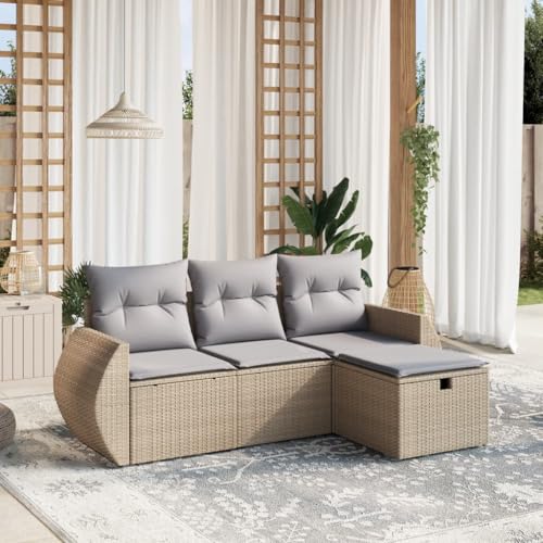Qnhdfrt Garten Sofagarnitur Set 4 Teile PE Rattan Outdoor Lounge Möbel mit Kissen Beigemischung für Terrasse Balkon Garten von Qnhdfrt