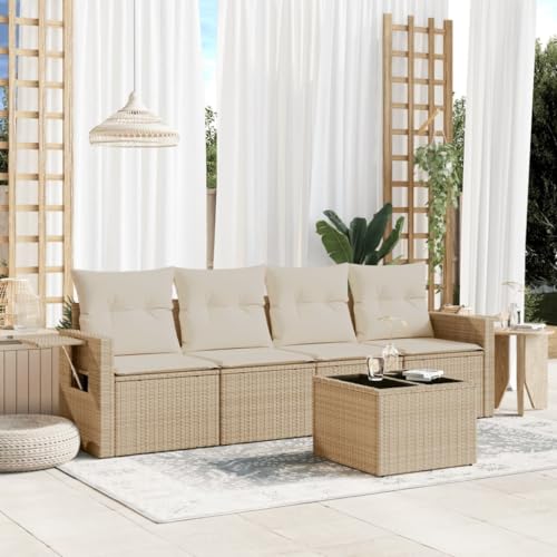 Qnhdfrt Garten Sofagarnitur Set 5 teilig Beige PE Rattan mit Kissen und Glas Tischplatte für Terrasse Balkon Garten Qnhdfrt Garten Sofagarnitur Set 5 teilig Beige PE Rattan mit Kissen und Glas Tischplatte für Terrasse Balkon Garten von Qnhdfrt