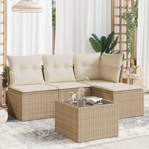 Qnhdfrt Garten Sofagarnitur Set 5 teilig PE Rattan Beige mit Kissen und Glas Tisch für Terrasse Balkon Garten Qnhdfrt Garten Sofagarnitur Set 5 teilig PE Rattan Beige mit Kissen und Glas Tisch für Terrasse Balkon Garten von Qnhdfrt
