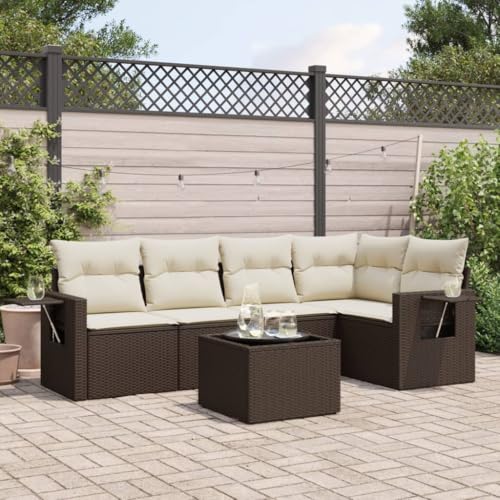 Qnhdfrt Garten Sofagarnitur Set 6 teilig Braun PE Rattan mit Kissen und Glas Tischplatte für Terrasse Balkon Garten von Qnhdfrt
