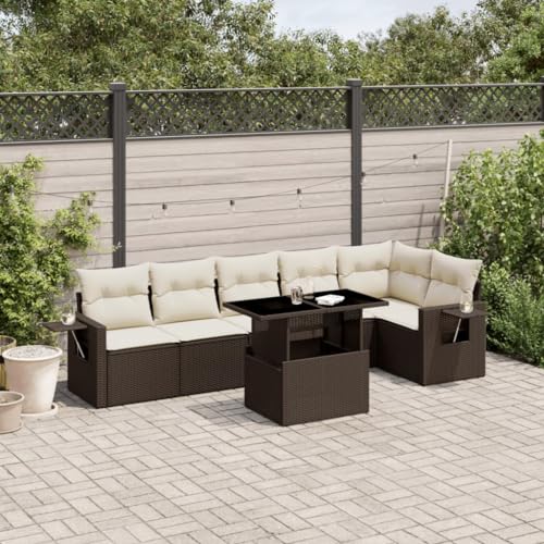 Qnhdfrt Garten Sofagarnitur Set 7 teilig Braun PE Rattan mit Kissen und verstellbarem Tisch für Terrasse Balkon Garten von Qnhdfrt