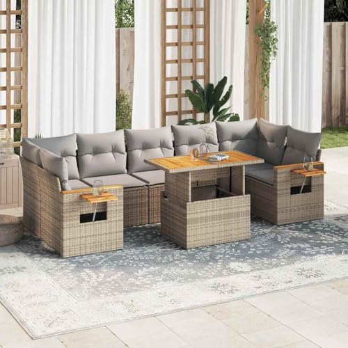 Qnhdfrt Garten Sofagarnitur Set 8 teilig Beige PE Rattan mit Akazienholz Tisch und Kissen Sitzgruppe für Terrasse Garten Balkon von Qnhdfrt