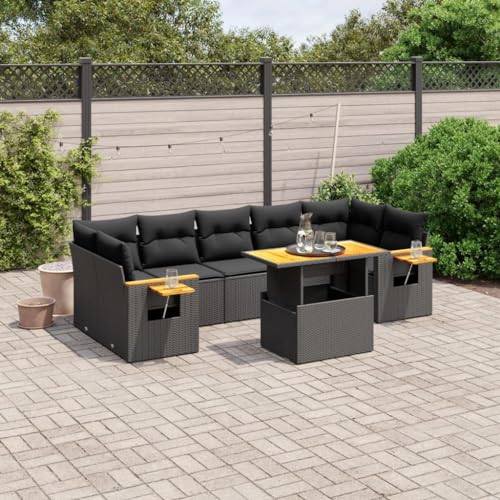 Qnhdfrt Garten Sofagarnitur Set 8 teilig Schwarz PE Rattan mit Kissen und Klapptisch Outdoor Lounge für Terrasse Balkon Garten von Qnhdfrt