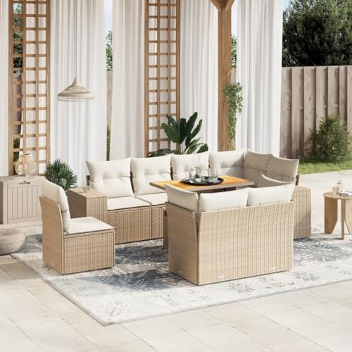 Qnhdfrt Garten Sofagarnitur Set 9 teilig Beige PE Rattan Outdoor Lounge Möbel mit Kissen und verstellbarem Tisch für Terrasse Garten Balkon von Qnhdfrt