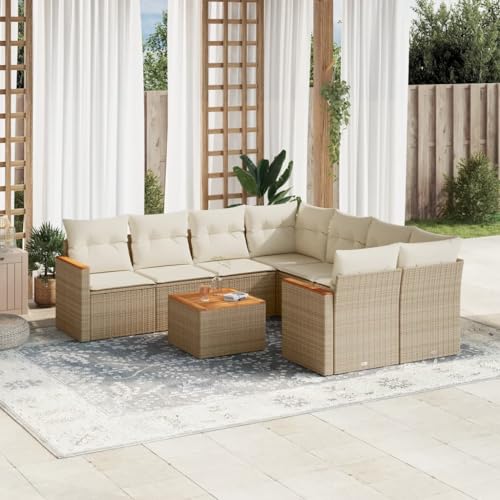 Qnhdfrt Garten Sofagarnitur Set 9 teilig Beige PE Rattan mit Akazienholz Tisch und Kissen Modulares Design für Terrasse Garten und Balkon von Qnhdfrt