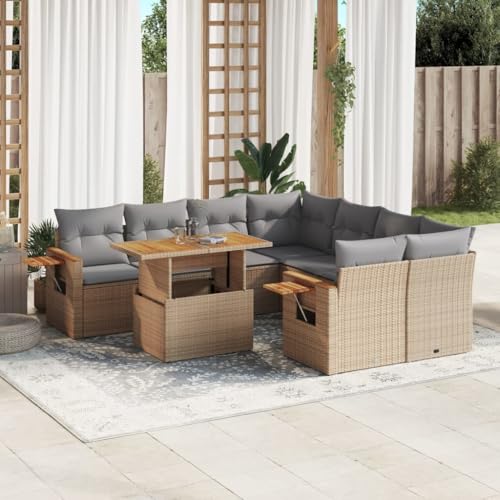 Qnhdfrt Garten Sofagarnitur Set 9 teilig Beige PE Rattan mit Kissen und Klapptisch für Terrasse Balkon Garten von Qnhdfrt