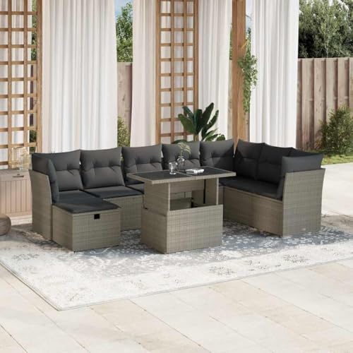 Qnhdfrt Garten Sofagarnitur Set 9 teilig Hellgrau PE Rattan Outdoor Lounge Sitzgruppe mit Kissen und verstellbarem Tisch für Terrasse Balkon Garten von Qnhdfrt
