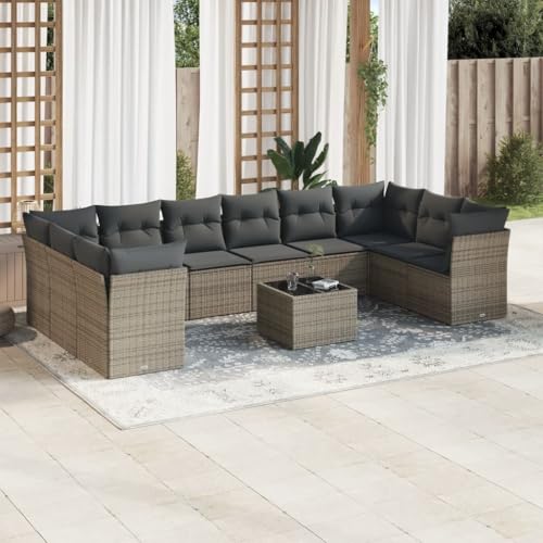 Qnhdfrt Garten Sofagarnitur Set Grau 11 teilig PE Rattan mit Kissen Stauraum und Glas Tisch für Terrasse Balkon Garten von Qnhdfrt