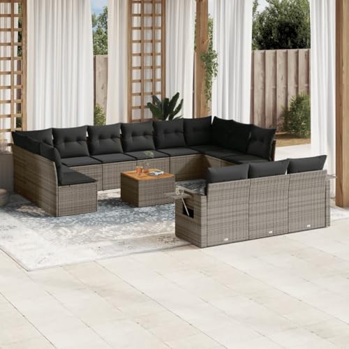 Qnhdfrt Garten Sofagarnitur Set Grau 14 teilig PE Rattan mit Kissen und Akazienholz Tisch Stauraum für Terrasse Balkon Garten von Qnhdfrt