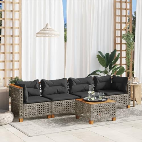 Qnhdfrt Garten Sofagarnitur Set Grau 5 teilig aus PE Rattan mit Kissen und Akazienholz Tisch für Terrasse Garten und Balkon von Qnhdfrt