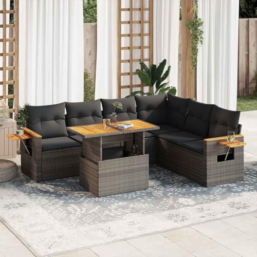 Qnhdfrt Garten Sofagarnitur Set Grau 7 teilig PE Rattan mit Akazienholz Tisch und Stauraum für Terrasse Balkon Garten von Qnhdfrt