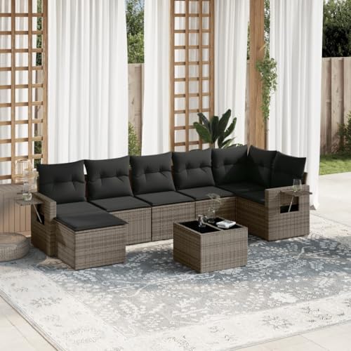 Qnhdfrt Garten Sofagarnitur Set Grau 8 teilig PE Rattan Lounge Möbel mit Glas Tischplatte und Kissen für Terrasse Garten Balkon von Qnhdfrt