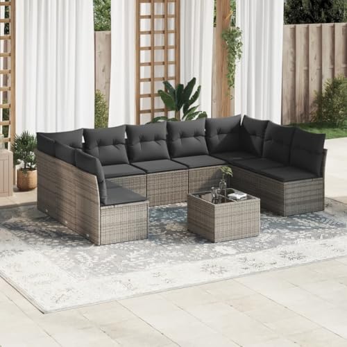 Qnhdfrt Garten Sofagarnitur Set Grau PE Rattan 9 teilig mit Kissen und Glas Tisch für Terrasse Balkon Garten von Qnhdfrt