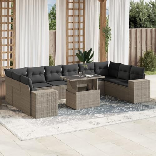 Qnhdfrt Garten Sofagarnitur Set Hellgrau 11 teilig aus PE Rattan mit Kissen und verstellbarem Tisch für Terrasse Balkon Garten von Qnhdfrt