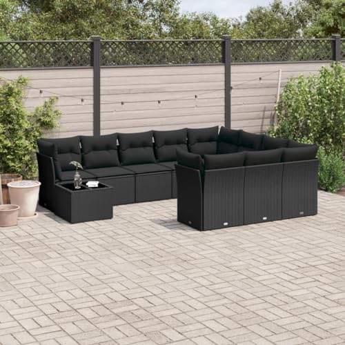 Qnhdfrt Garten Sofagarnitur Set Schwarz 11 TLG PE Rattan mit Glas Tisch und Kissen Modulares Design für Terrasse Balkon Garten von Qnhdfrt