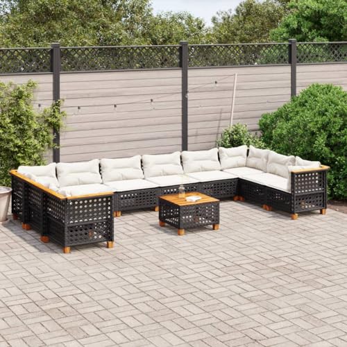 Qnhdfrt Garten Sofagarnitur Set Schwarz 11 teilig mit Kissen PE Rattan und Akazienholz Tisch Modulares Design für Terrasse Garten und Balkon von Qnhdfrt