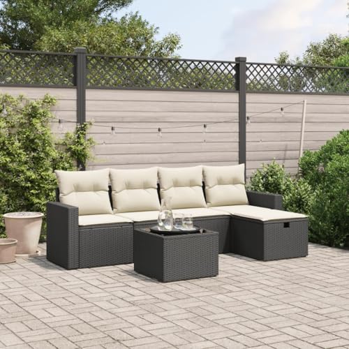 Qnhdfrt Garten Sofagarnitur Set Schwarz 6 teilig PE Rattan mit Kissen und Glas Tisch für Terrasse Balkon Garten Lounge von Qnhdfrt