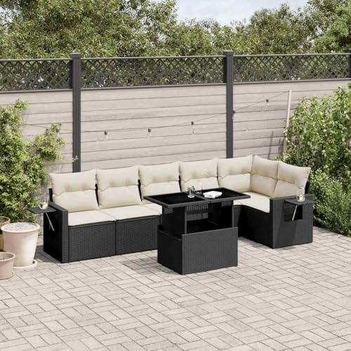 Qnhdfrt Garten Sofagarnitur Set Schwarz 7 teilig PE Rattan mit Kissen und Klapptisch für Terrasse Balkon Garten von Qnhdfrt