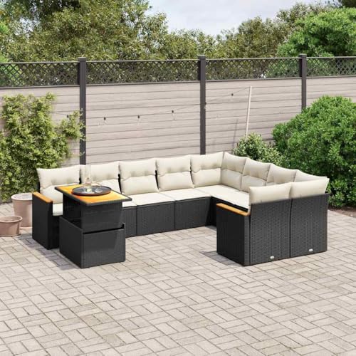 Qnhdfrt Garten Sofagarnitur Set Schwarz PE Rattan 10 teilig mit Kissen Verstellbarer Tisch Modulares Design für Terrasse Balkon und Garten von Qnhdfrt