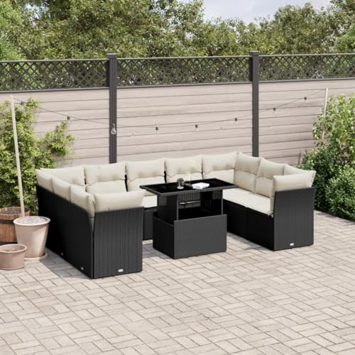 Qnhdfrt Garten Sofagarnitur Set Schwarz PE Rattan 10 teilig mit Kissen und Klapptisch für Terrasse Balkon Garten von Qnhdfrt