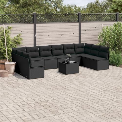 Qnhdfrt Garten Sofagarnitur Set Schwarz PE Rattan 11 teilig mit Kissen und Glas Tisch für Terrasse Balkon Garten von Qnhdfrt