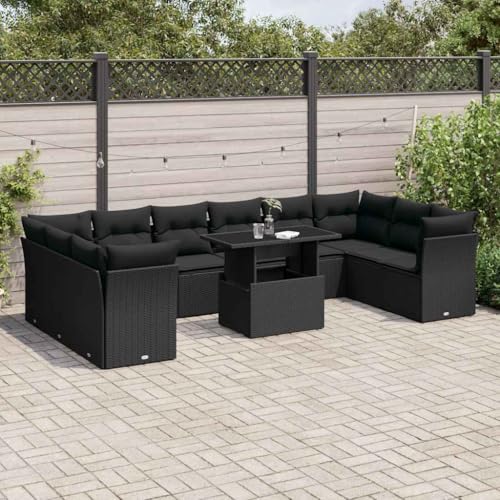 Qnhdfrt Garten Sofagarnitur Set Schwarz PE Rattan 11 teilig mit Kissen und Klapptisch für Balkon Terrasse Garten von Qnhdfrt