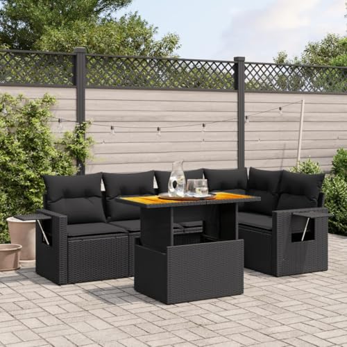 Qnhdfrt Garten Sofagarnitur Set Schwarz PE Rattan 6 teilig mit Kissen und Klapptisch für Terrasse Garten Balkon von Qnhdfrt