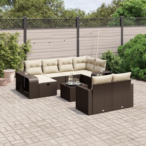 Qnhdfrt Garten Sofagarnitur Set aus PE Rattan Braun mit Glas Tischplatte und Cremeweißen Kissen Modulares Design für Terrasse Balkon Garten von Qnhdfrt