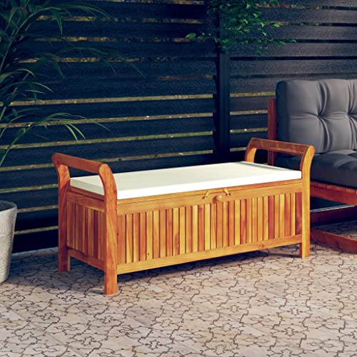 Qnhdfrt Garten Truhenbank mit Kissen 126 cm Massivholz Akazie Outdoor Sitzbank mit Stauraum für Garten Balkon Terrasse geschwungene Armlehnen bequemes Sitzen von Qnhdfrt
